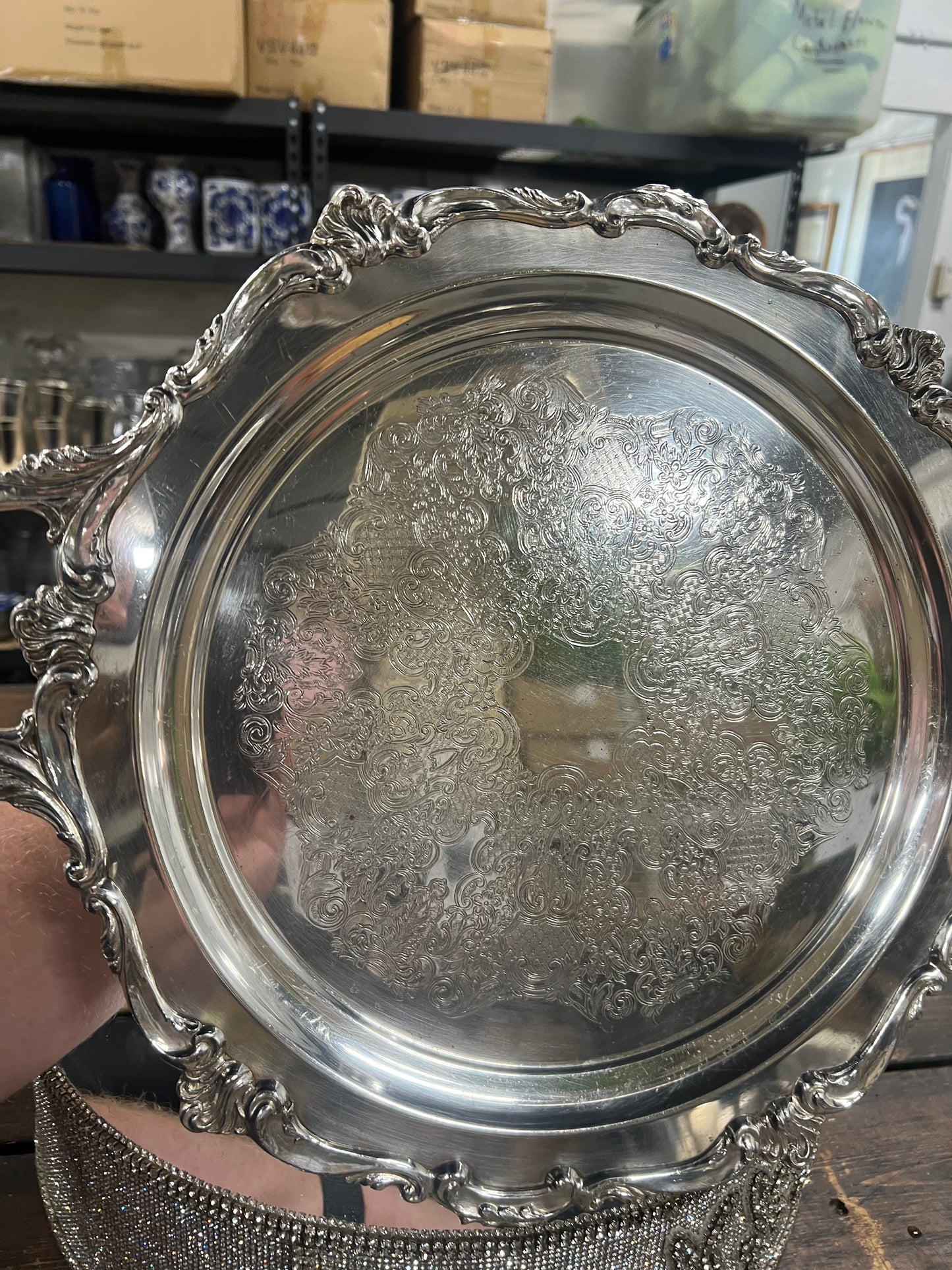 Vintage Heavy Silver Plated Platter with handles and feet