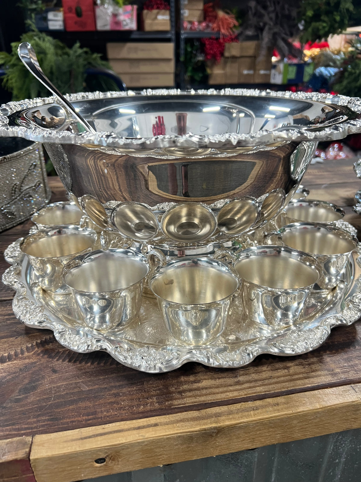 Vintage Silver Towle Plated Punch Bowl with 12 cups, platter and ladle (10)