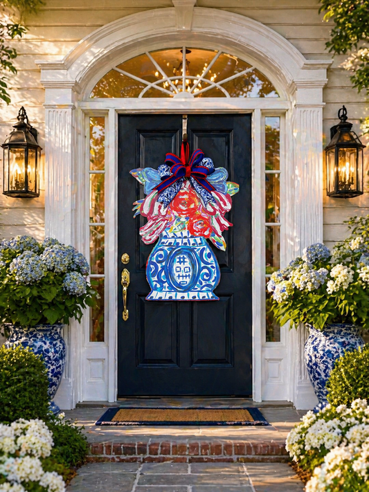 Patriotic Ginger Jar, Door Hanger with Designer Bow ￼