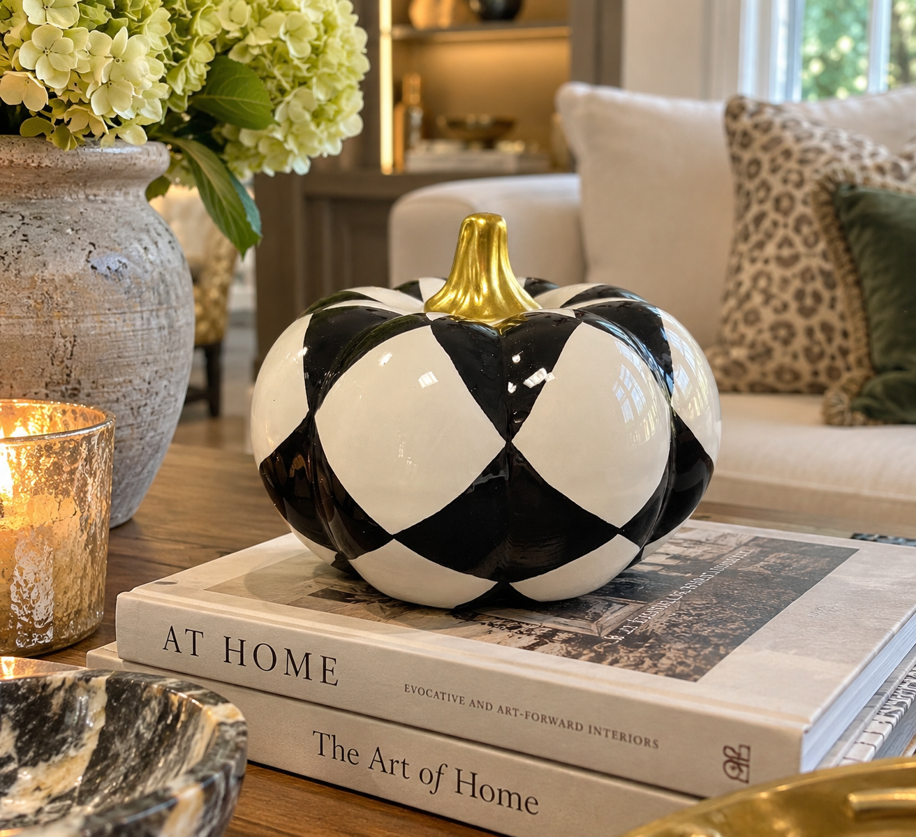 4.75” Black & White Ceramic Pumpkin with Gold Stem