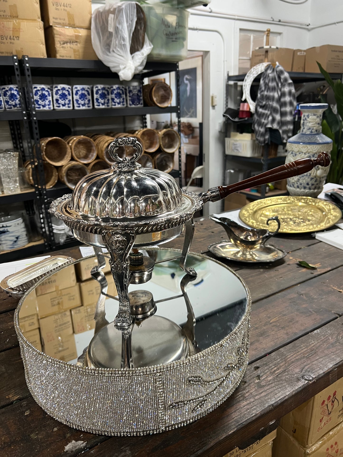 Vintage Silver-Plated Chaffing Stand, Burner, Pan with Wood Handle