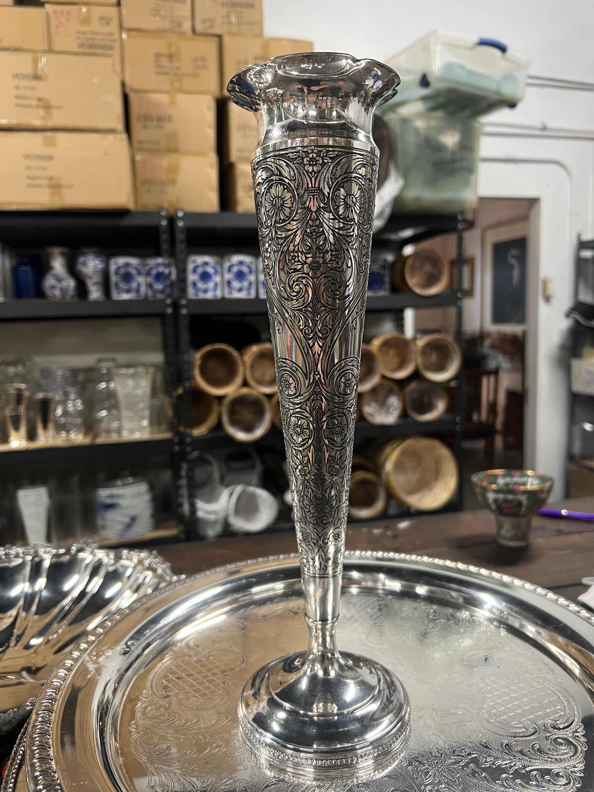 Beautiful Vintage embroidered silver plated trumpet vase