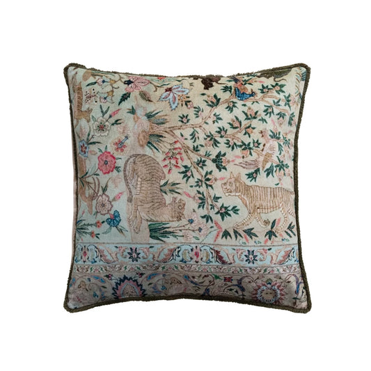 Square Cotton Velvet Pillow with Safari Animals, Botanicals & Tufted Fringe