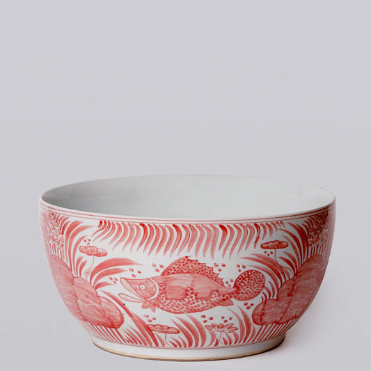 Red and White Porcelain Fish and Lotus Large Bowl