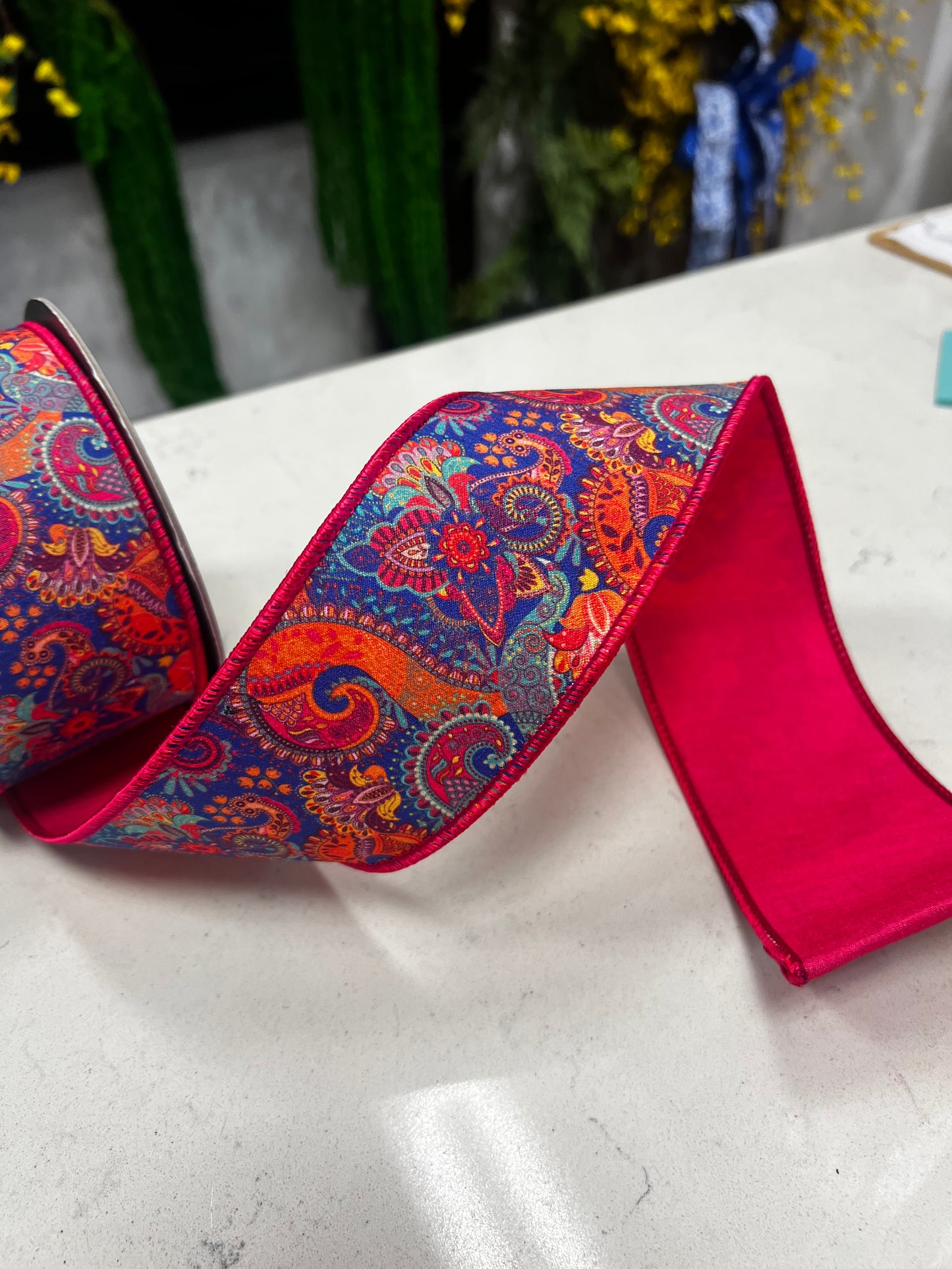 Paisley Fuchsia Wired Edge Ribbon