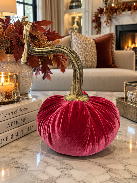Hot Pink Velvet Bean Weighted Pumpkin with Real Pumpkin Stalk (each stalk will very in size and shape)