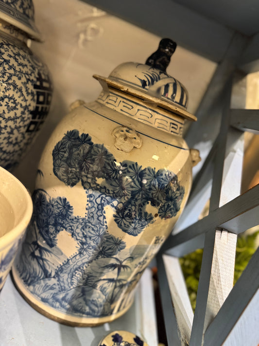 19” Authentic Blue & White Chinoiserie Temple Jar