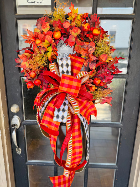 26” Fall Pomegranate & Leaf Wreath with Bow