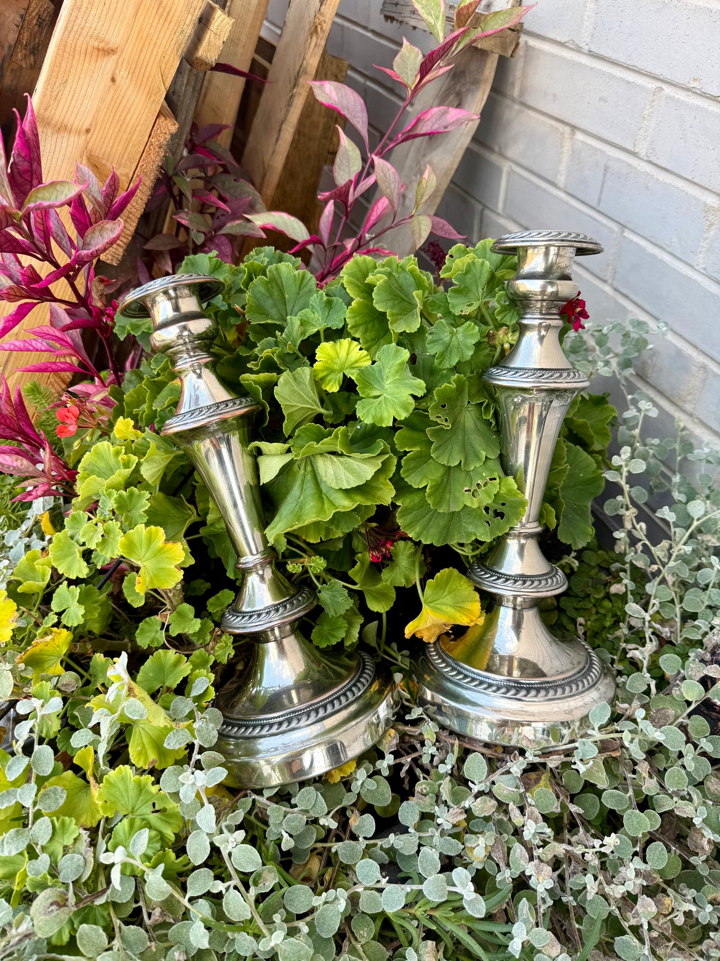 Vintage Silver Plated & Copper Candlestick Set (dents pictured)