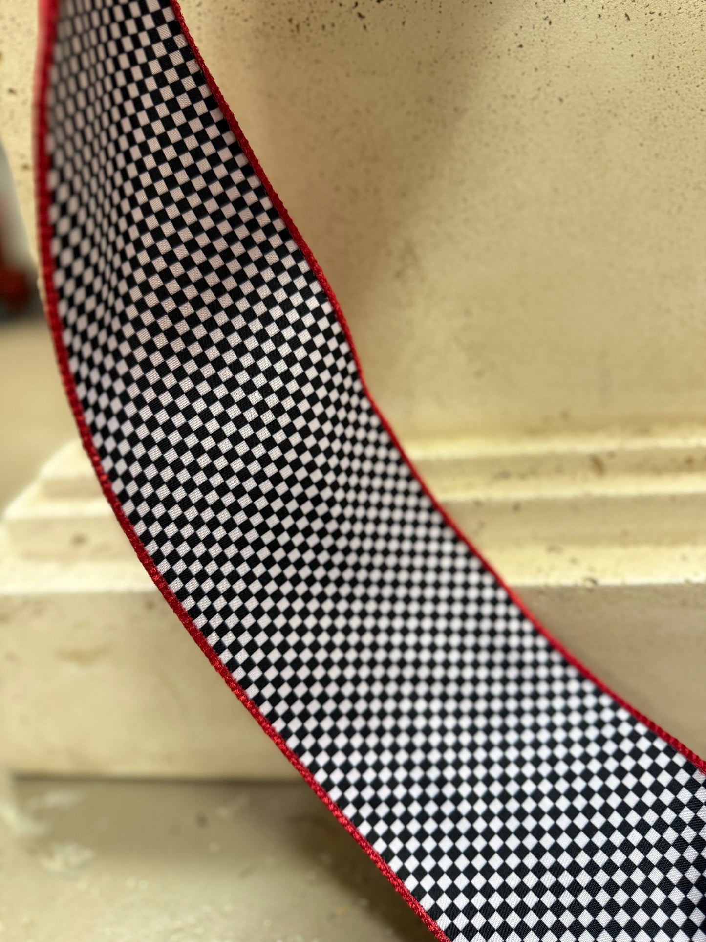 4” Wired Velvet Red with Black WhitCheck Backing Ribbon