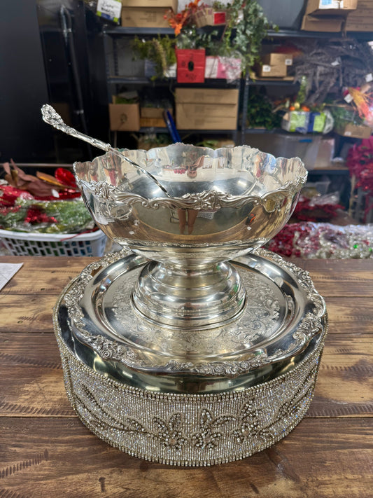 Vintage Silver Plated Punch Bowl, Tray, & Ladle Set