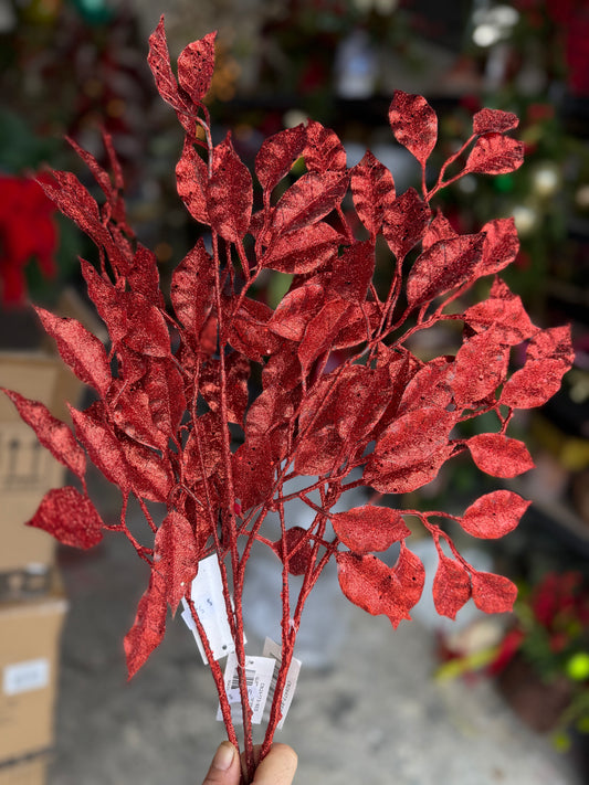 Bundle of 3 Red Glitter Leaves Spray