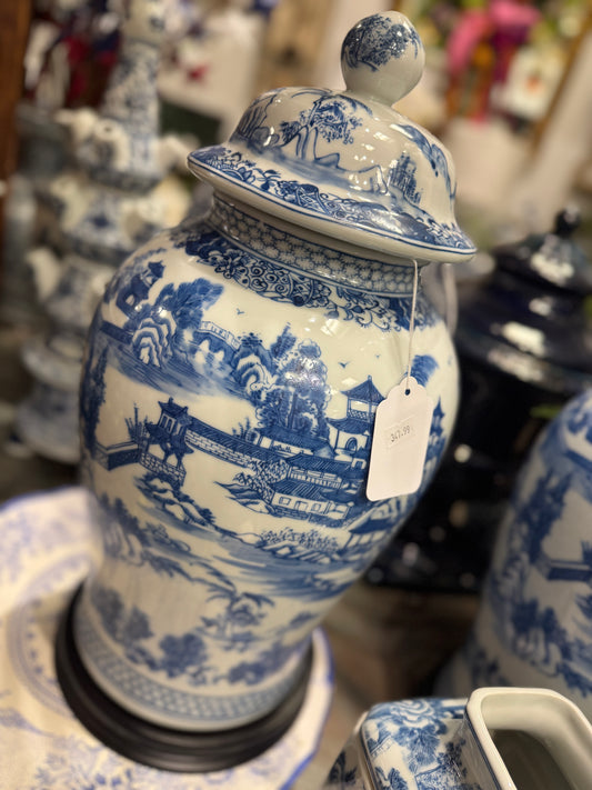 21” Blue & White Chinoiserie Temple Jar with Wood Base