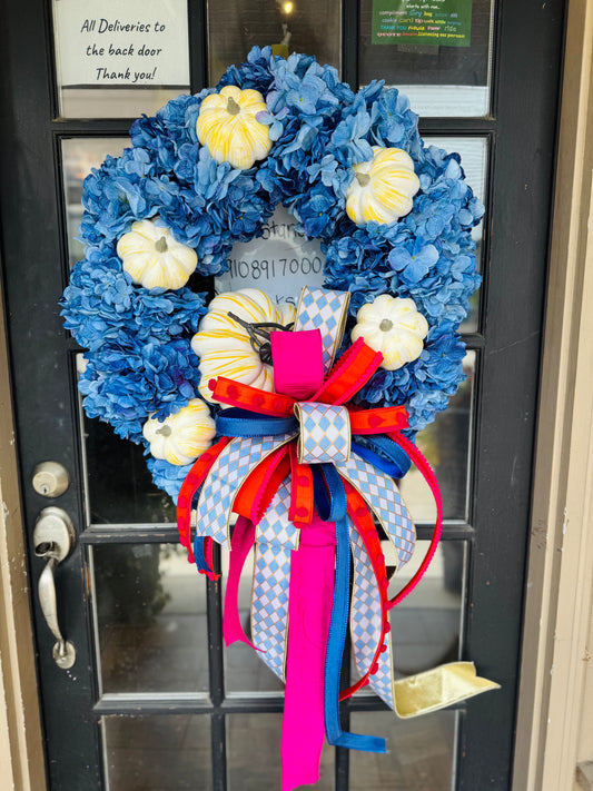 24” Blue Hydrangea Pumpkin Wreath with Bow