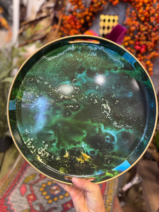 SET OF 2 - Decorative Cosmic Green & Gold Round Nesting Tray