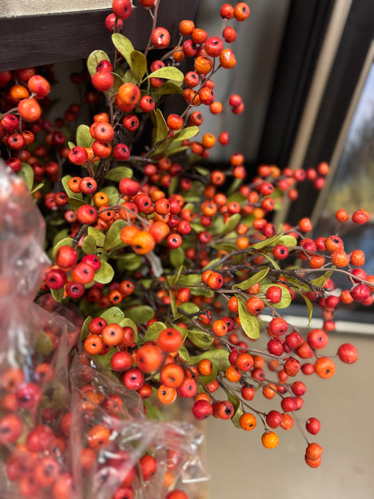 28” Orange Berry Spray w Leaves