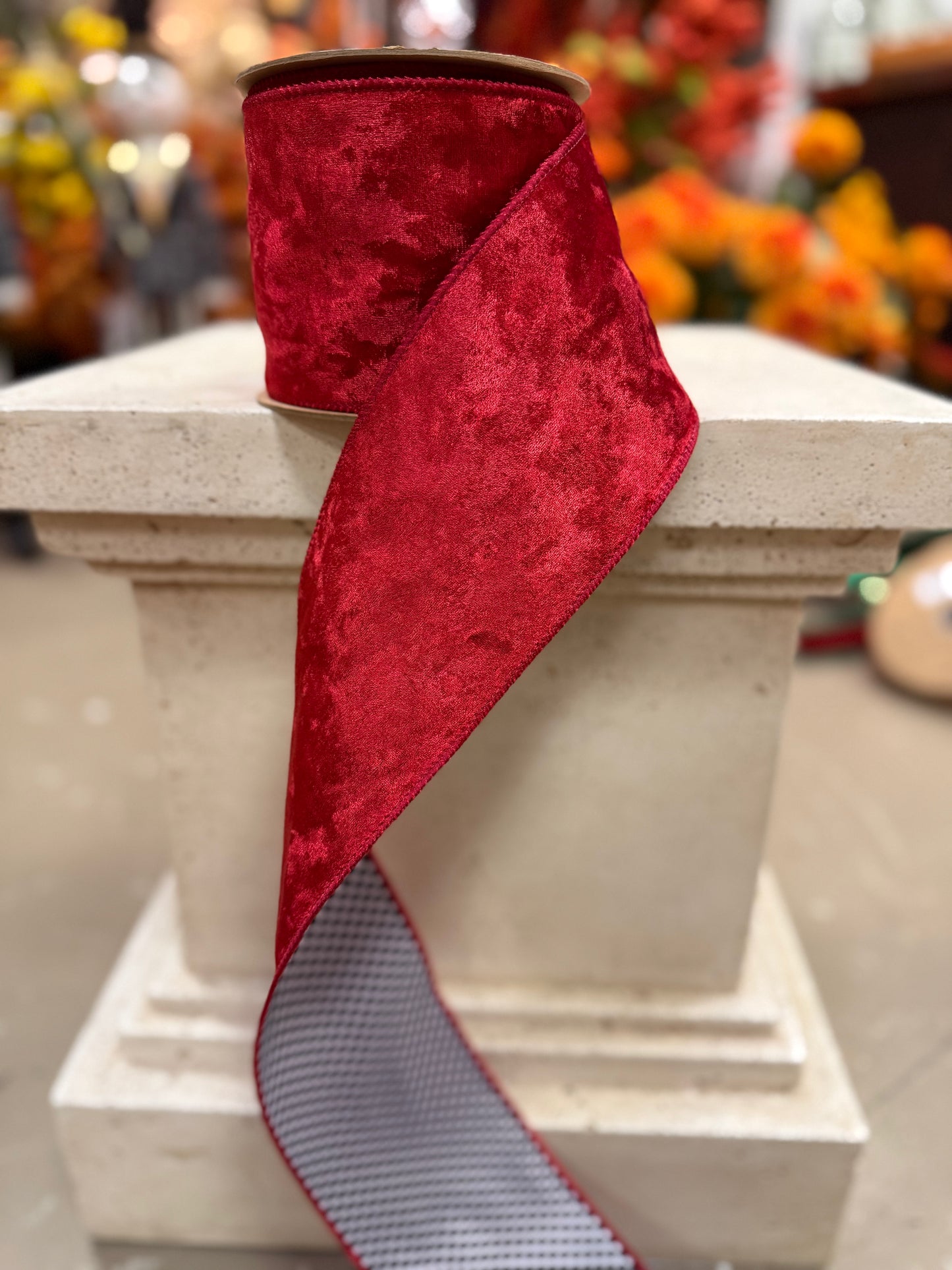 4” Wired Velvet Red with Black WhitCheck Backing Ribbon