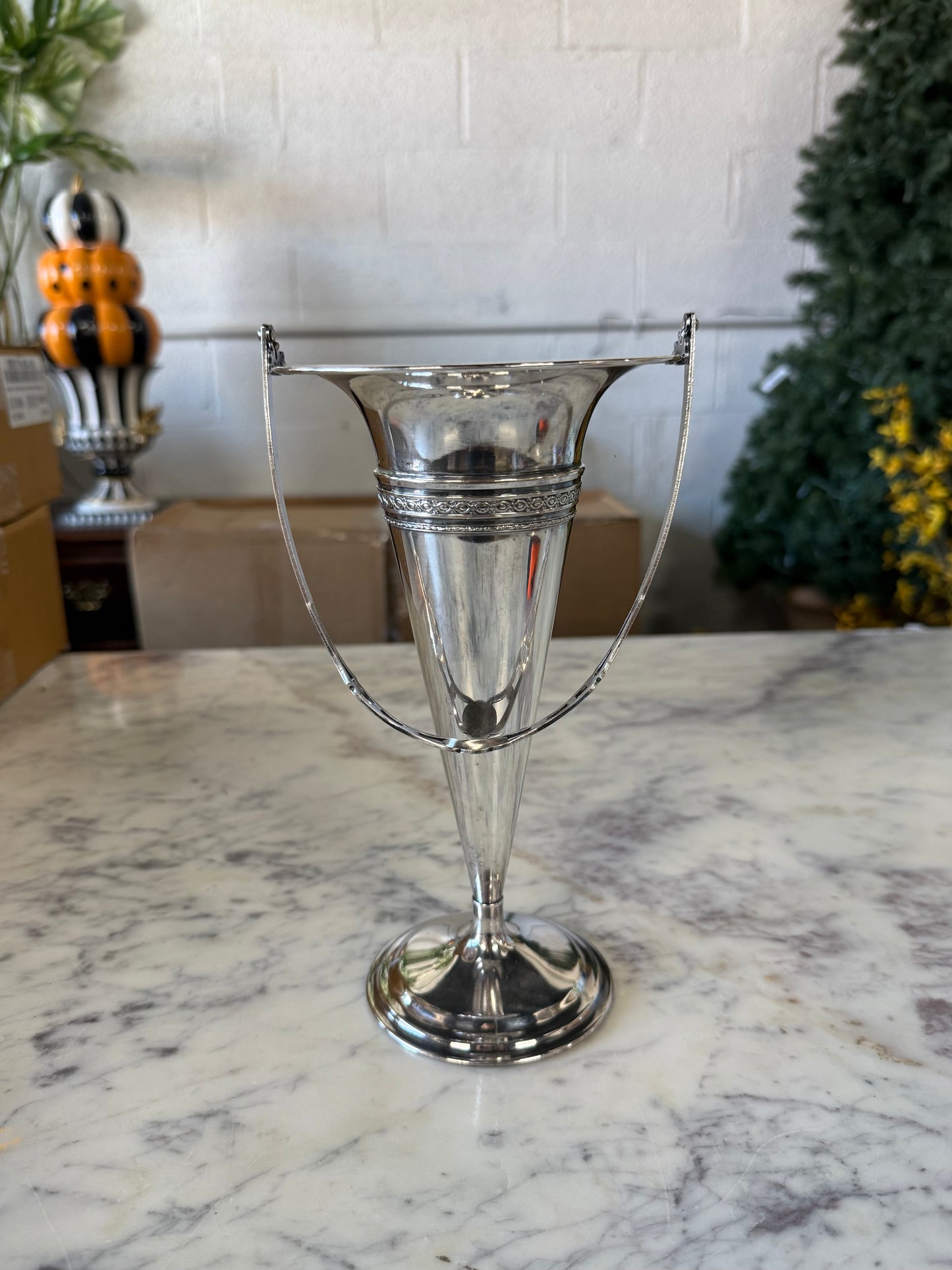 Vintage Silver Plated Trumpet Vase w/ Handle