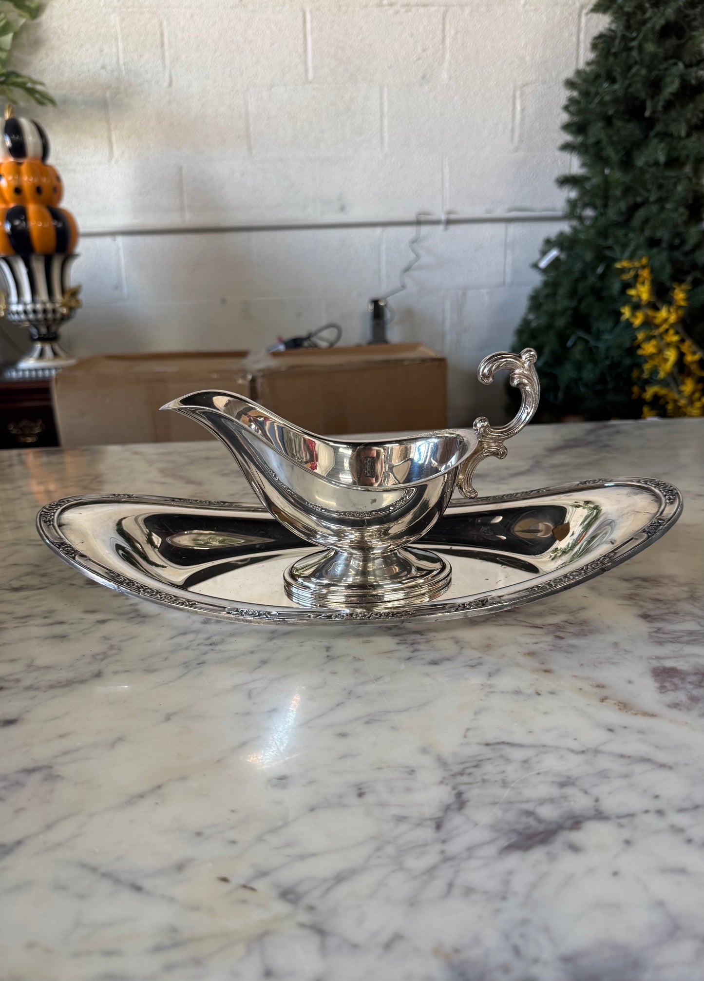 Vintage Silver Plated Gravy Boat & Tray