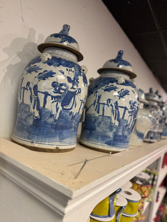 19” Authentic Blue & White Chinoiserie Temple Jar