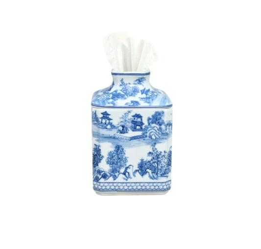 Blue & White Porcelain Chinoiserie Square Tissue Box