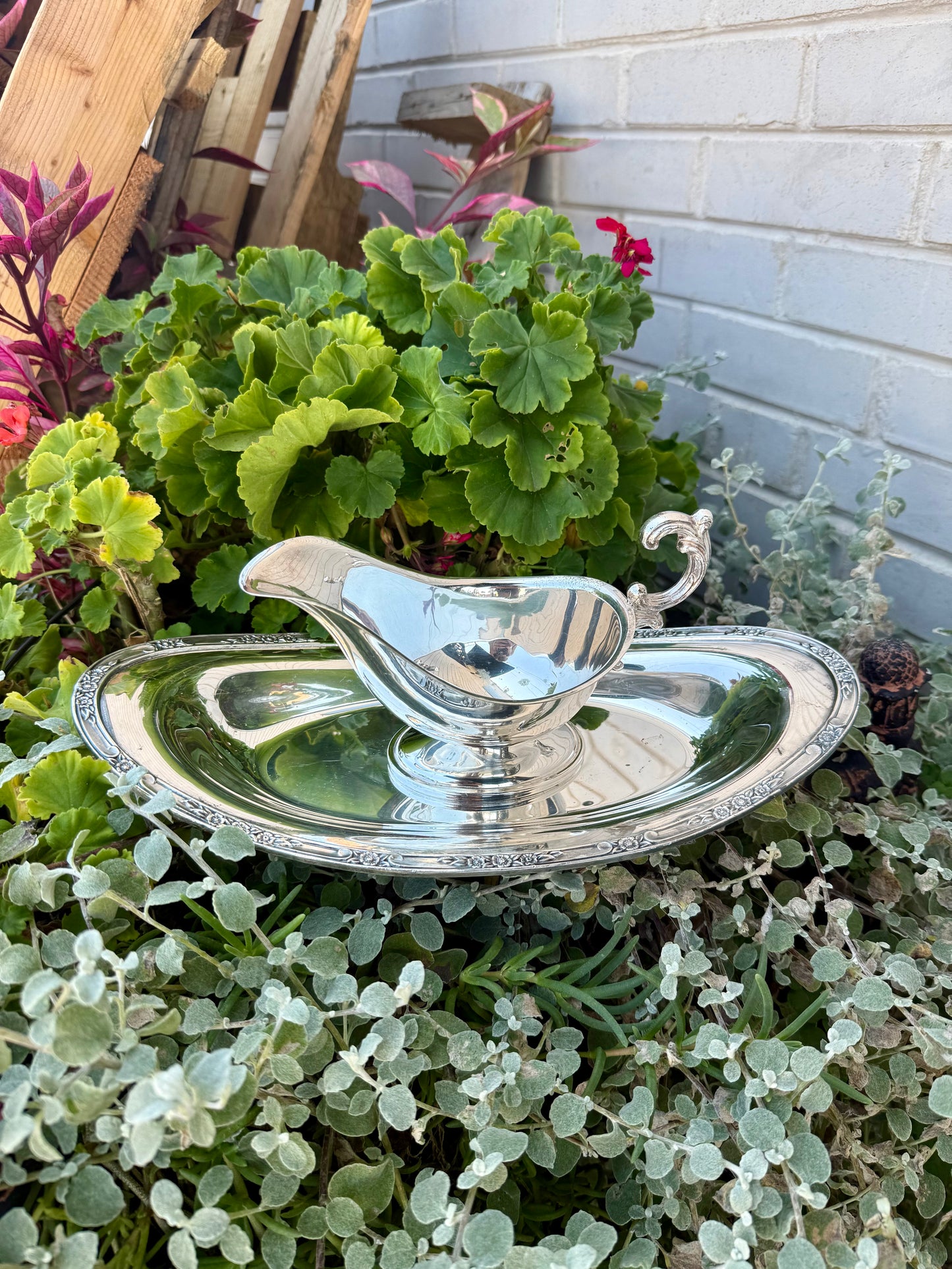 Vintage Silver Plated Gravy Boat & Tray