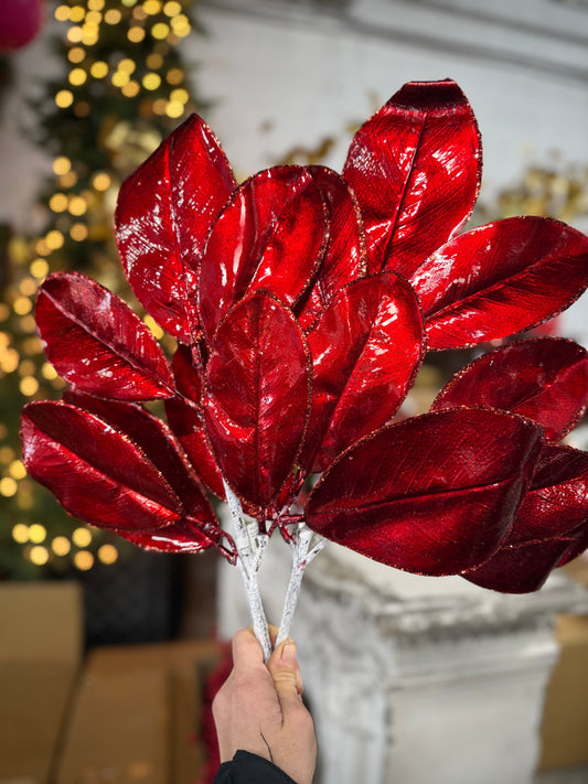 24” Red Glitter Edge Metallic Leaf Spray