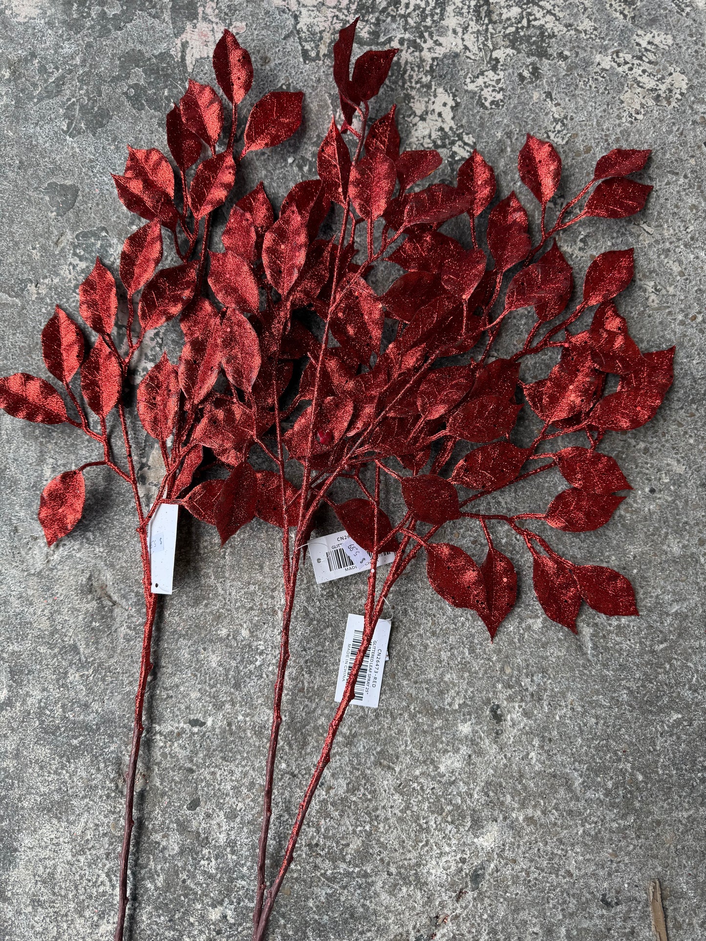 Bundle of 3 Red Glitter Leaves Spray