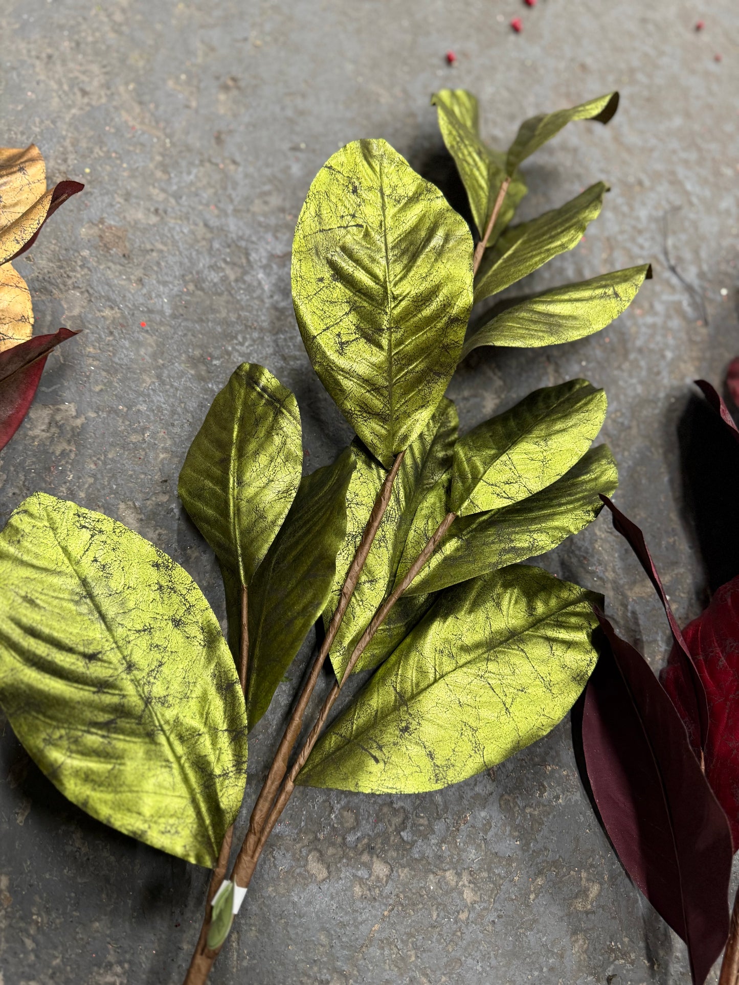 37” Green Gilded Magnolia Leaf Stem