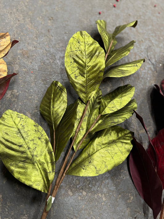 37” Green Gilded Magnolia Leaf Stem