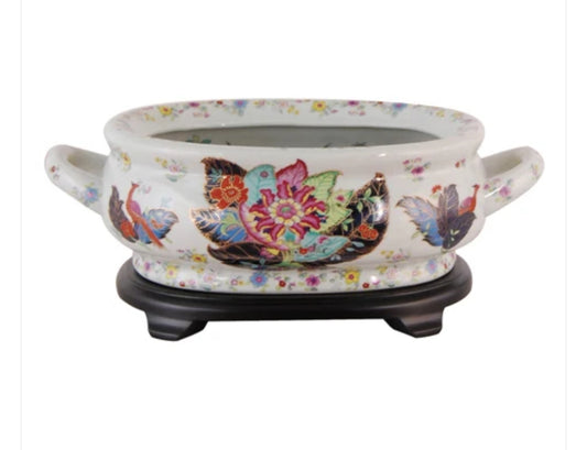 Tobacco Leaf Porcelain Foot Bath with Wooden Base