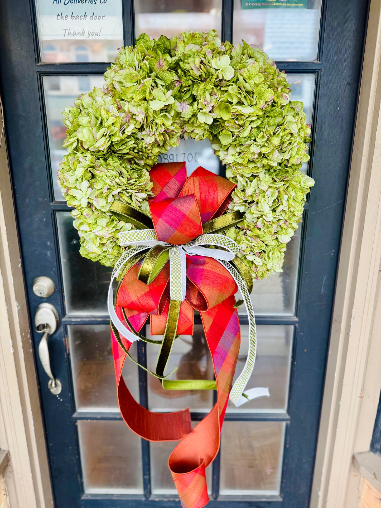 24” Fall Green Antique Hydrangea Wreath with Bow