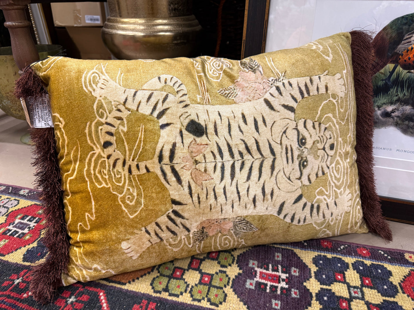 Velvet Printed Lumbar Pillow w Tibetan Tiger & Fringe