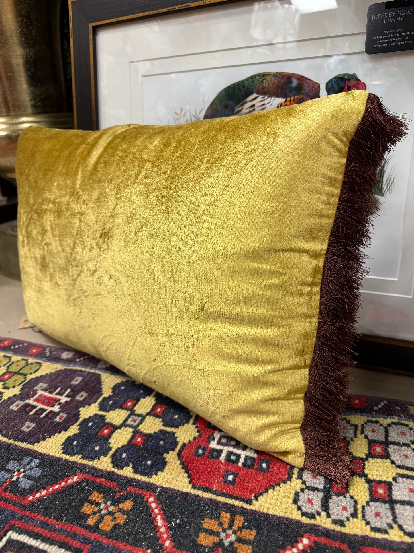 Velvet Printed Lumbar Pillow w Tibetan Tiger & Fringe