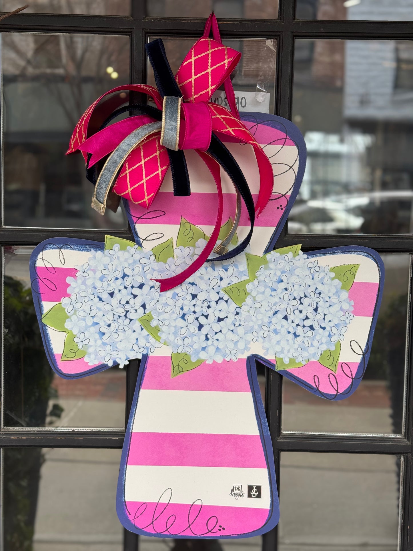 Hydrangeas Cross Door Hanger with designer bow.