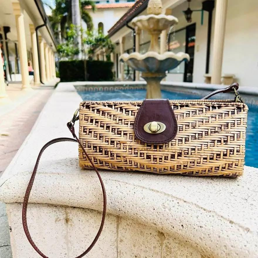 Rattan Convertable Clutch with removable Leather Strap