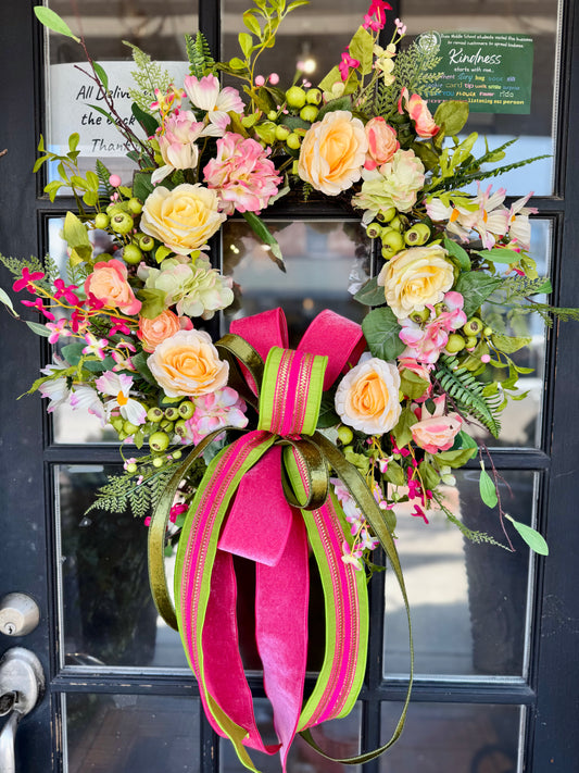 Coral Floral Wreath with Bow