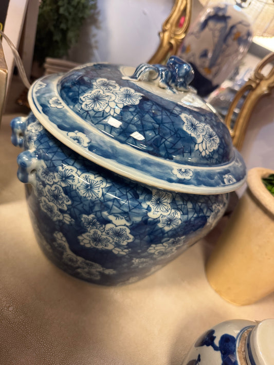 10” Blue & White Jar w Lid