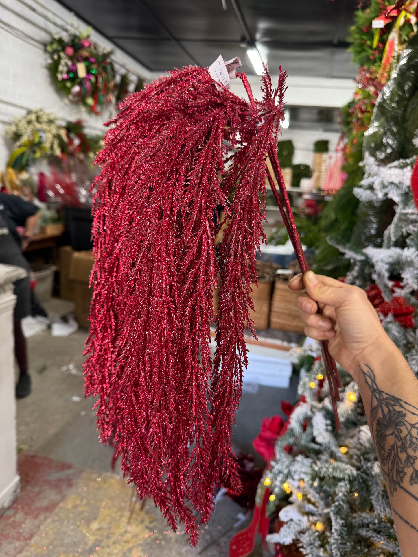 33” Red Glittered Hanging Amaranthus Stem