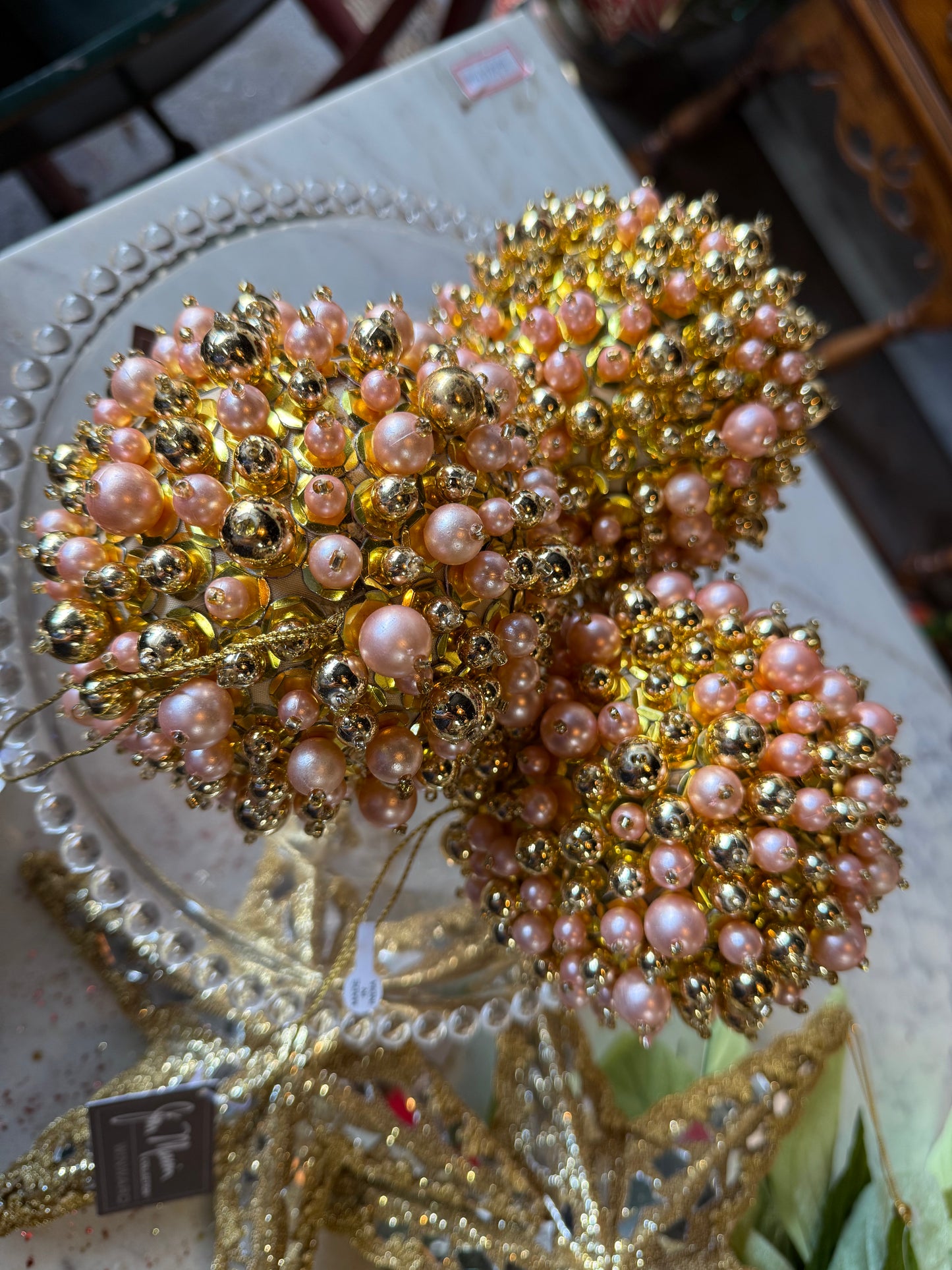 4.5” Blush & Gold Beaded Ball Ornament
