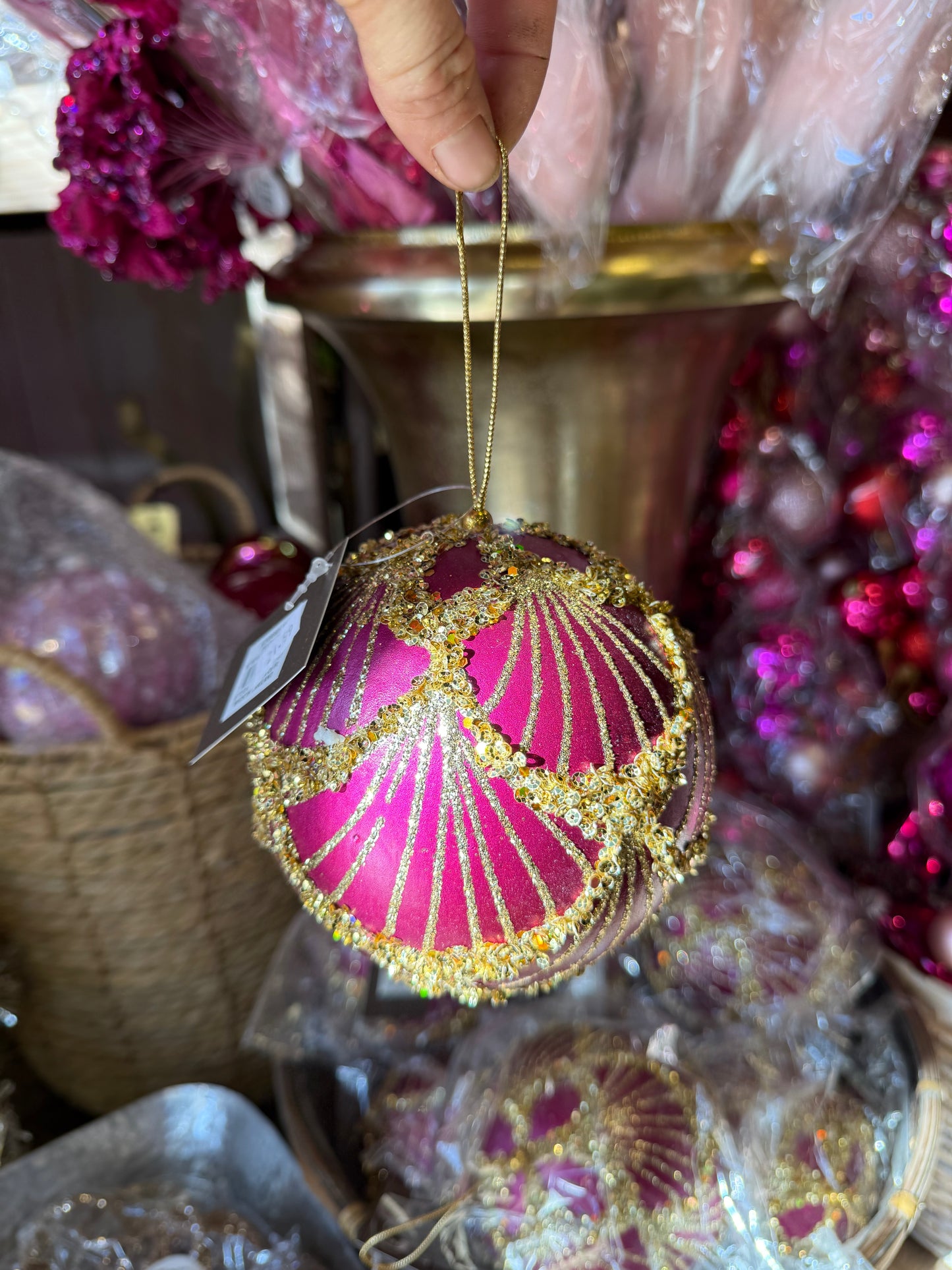 120mm Fuchsia & Gold Glitter Ball Ornament