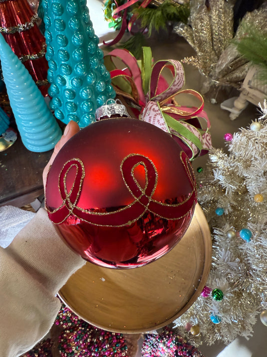120mm Red Flocked Loop Ball Ornament