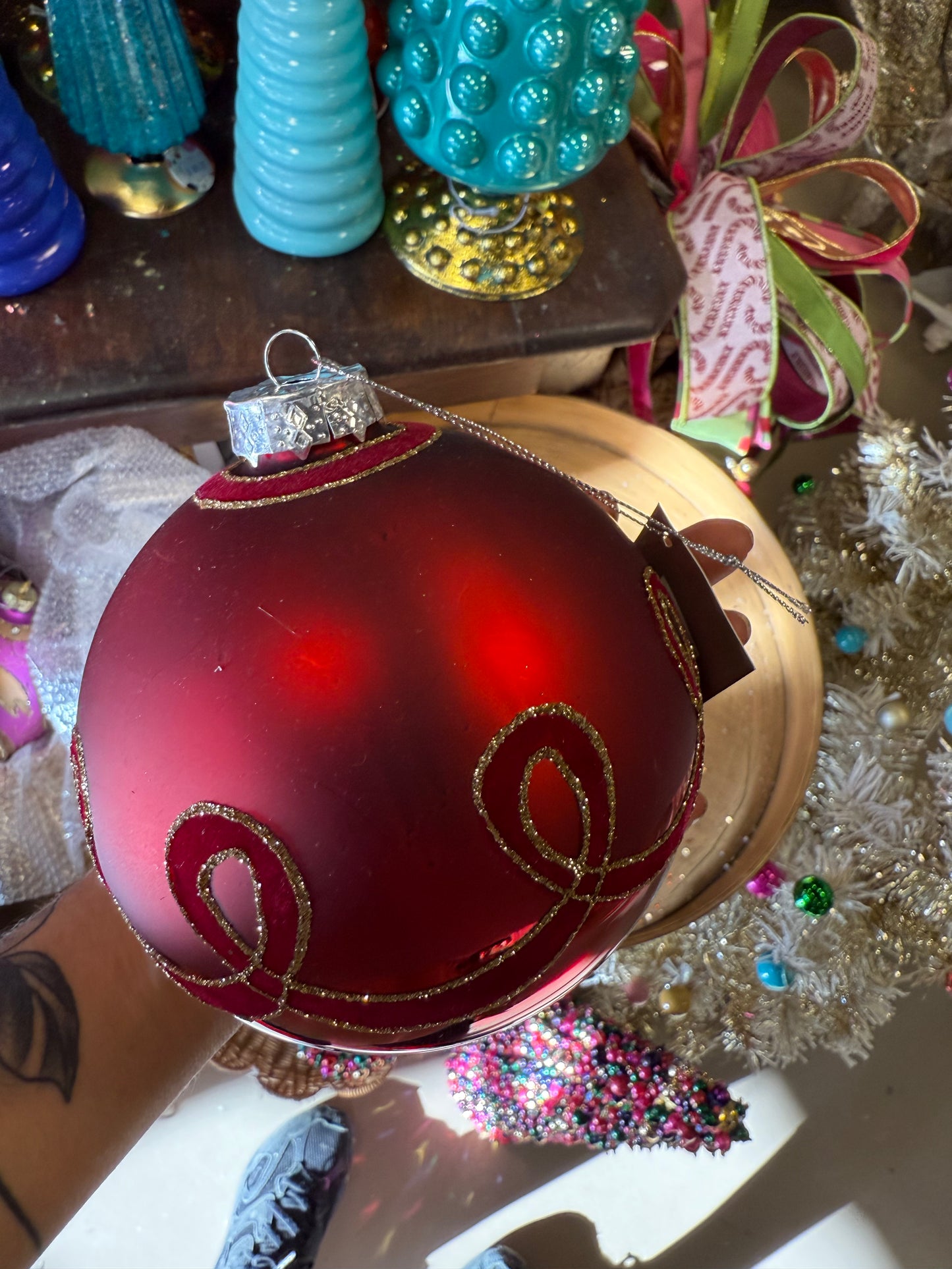 120mm Red Flocked Loop Ball Ornament