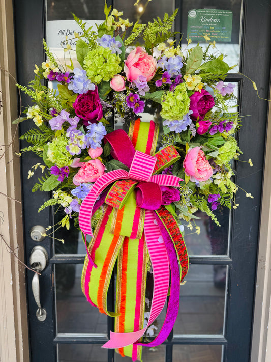 Peony , Snowball mixed wreath with designer bow