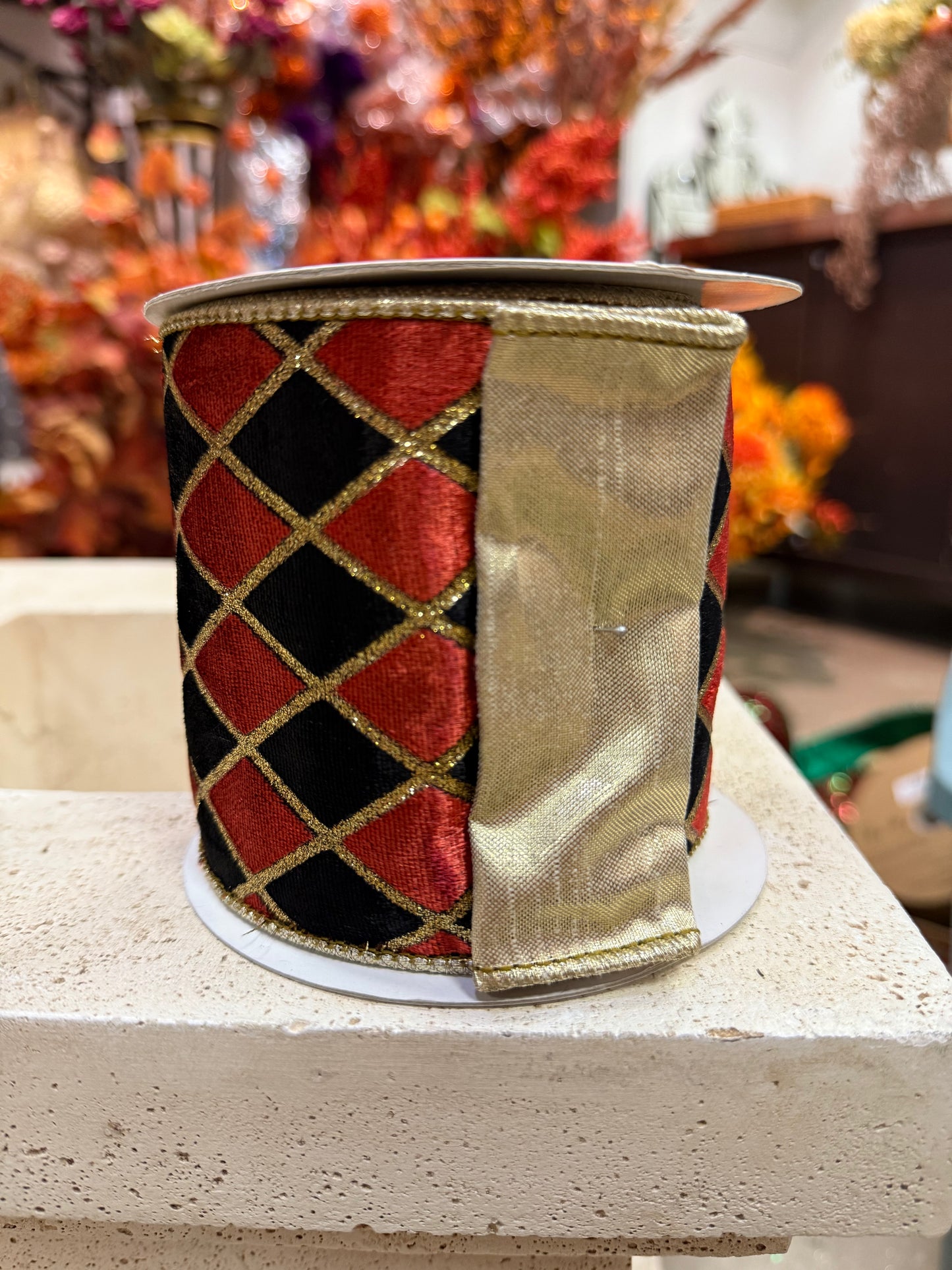 4” Red & Black Harlequin Gold Glitter Strip Ribbon