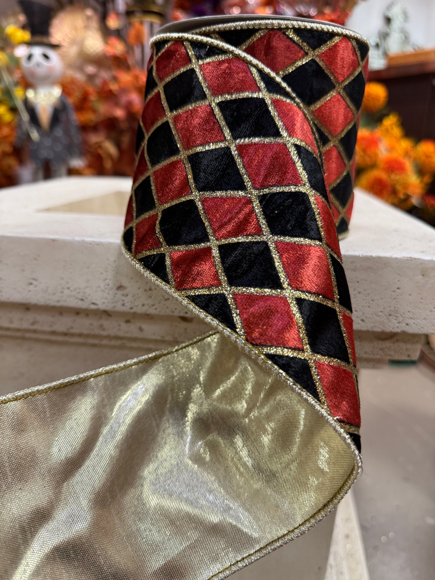 4” Red & Black Harlequin Gold Glitter Strip Ribbon
