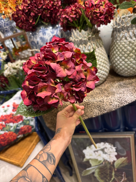18” Red Burgundy Green Hydrangea Stem - Real Touch