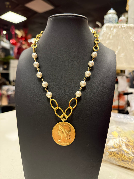 Gold - Pearl Chain Coin Necklace