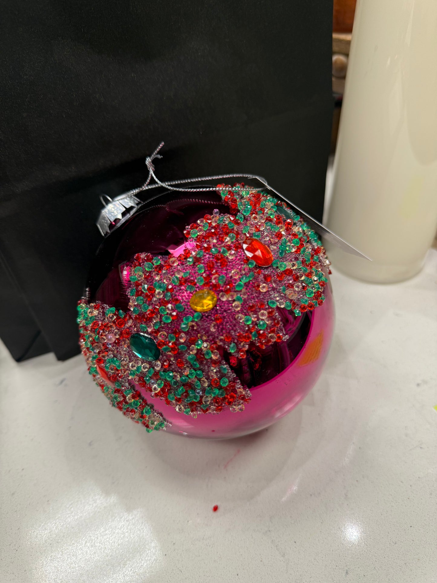 120mm Shiny Beaded Hot Pink Ornament - glass