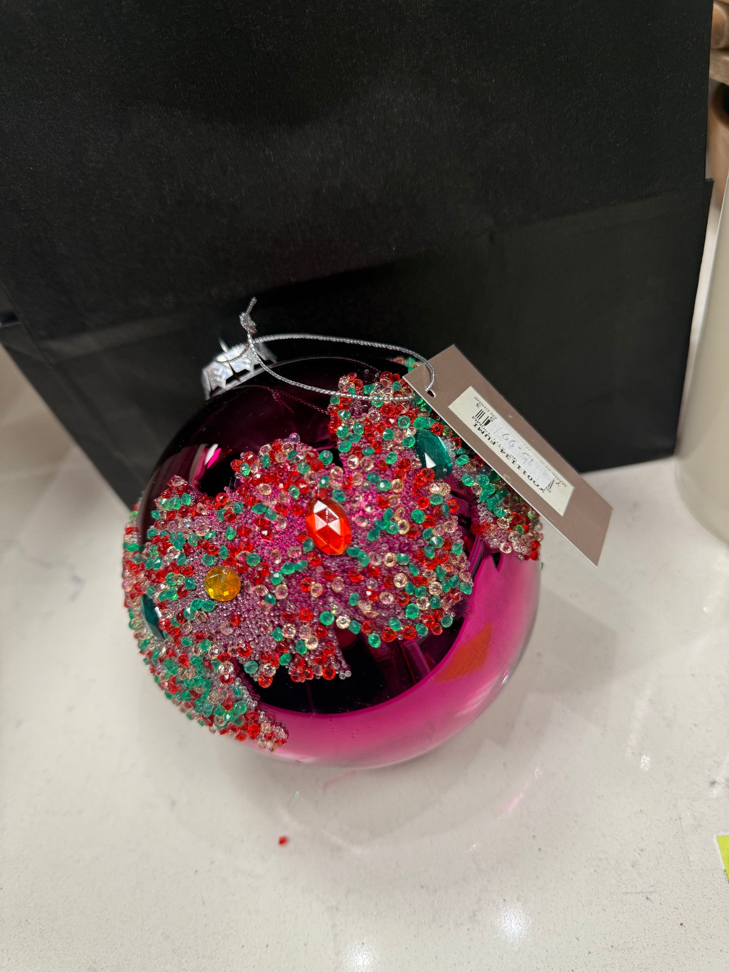 120mm Shiny Beaded Hot Pink Ornament - glass